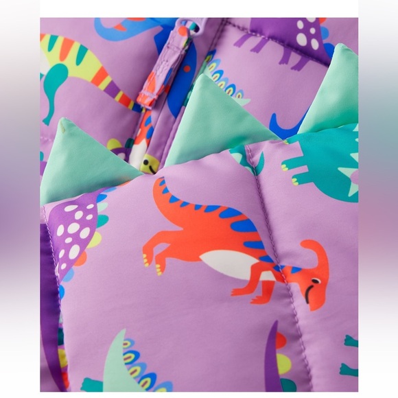 💜 Girls Dinosaur Puffer Jacket - Dino Friends - Violet twist FREE DINO TIGHTS - Picture 4 of 5
